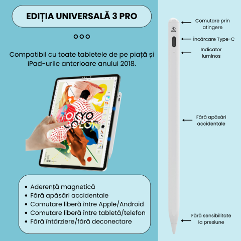 Stylus Pen Ipad universal compatibil cu orice dispozitiv, fara a necesita conectivitate bluetooth, Daismart, P3 Pro 2024, stilou digital cu precizie inalta, compatibil Android & Apple, incarcare tip C [4]