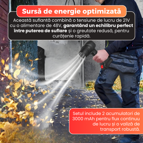 Suflanta turbo Pro, motor brushless 130.000 RPM, putere 1050W, jet de aer puternic, 2 acumulatori 48V inclusi, valiza transport, autonomie pana la 25 ore, negru [2]