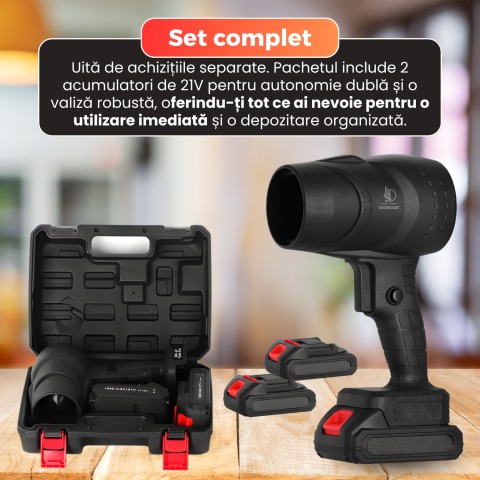 Suflanta turbo Pro, motor brushless 130.000 RPM, putere 1050W, jet de aer puternic, 2 acumulatori 48V inclusi, valiza transport, autonomie pana la 25 ore, negru [9]