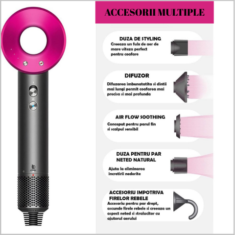 Uscator de par profesional 5 in 1, 1600W, Daismart®, FB2, 4 trepte de temperatura, 3 viteze, functie ionica avansata, aer rece-cald, design compact, motor high speed, accesorii coafat magnetice, roz-g [1]