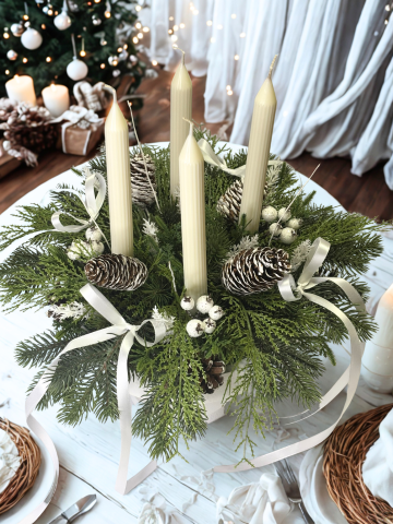 Aranjamente decorative - Aranjament Craciun platou alb, nuante alb