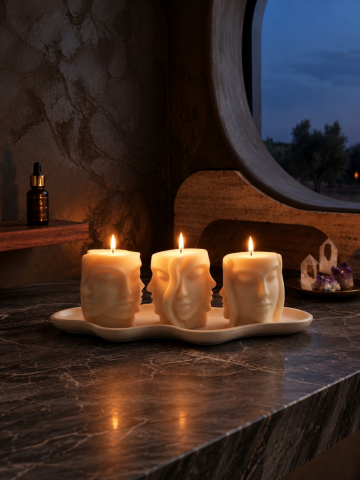 Lumanari decorative - umânare sculpturală cu trei chipuri Aura din ceară naturală de soia