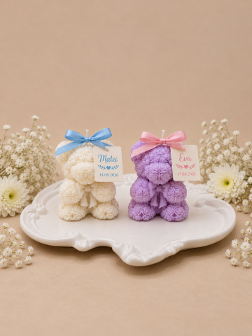Marturii Personalizate - Mărturie personalizată din ceară de soia – Ursuleț Rosalie