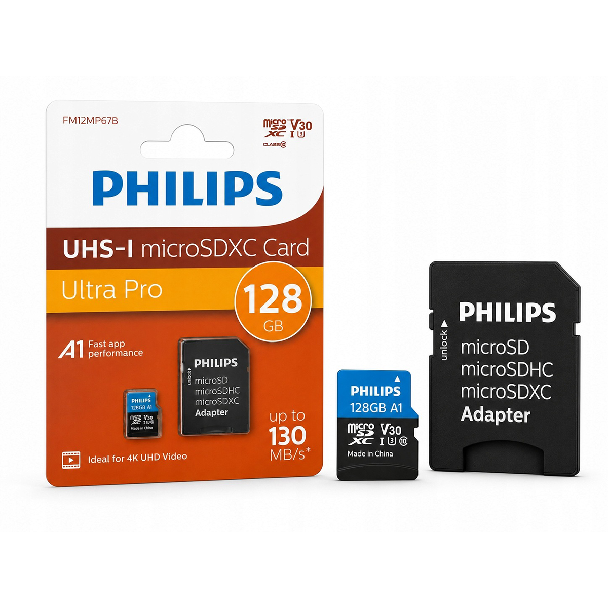 Card Philips Ultra Pro microSDXC 128GB + Adaptor SD UHS-I U3, reads up to 130MB/s, A, V30, 4K UHD Video [2]