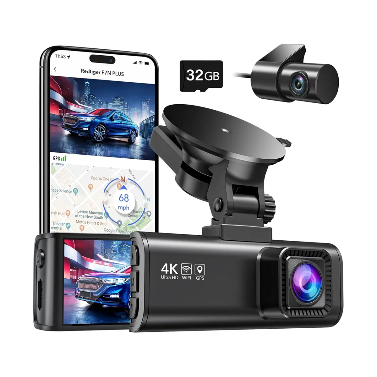 GADGET-URI - Camera auto de bord fata-spate REDTIGER F7NP 4K+FHD, WiFi, Night Vision, 170, ecran IPS 3.18", GPS, aplicatie dedicata, G-sensor si monitorizare parcare, Card 32GB Inclus