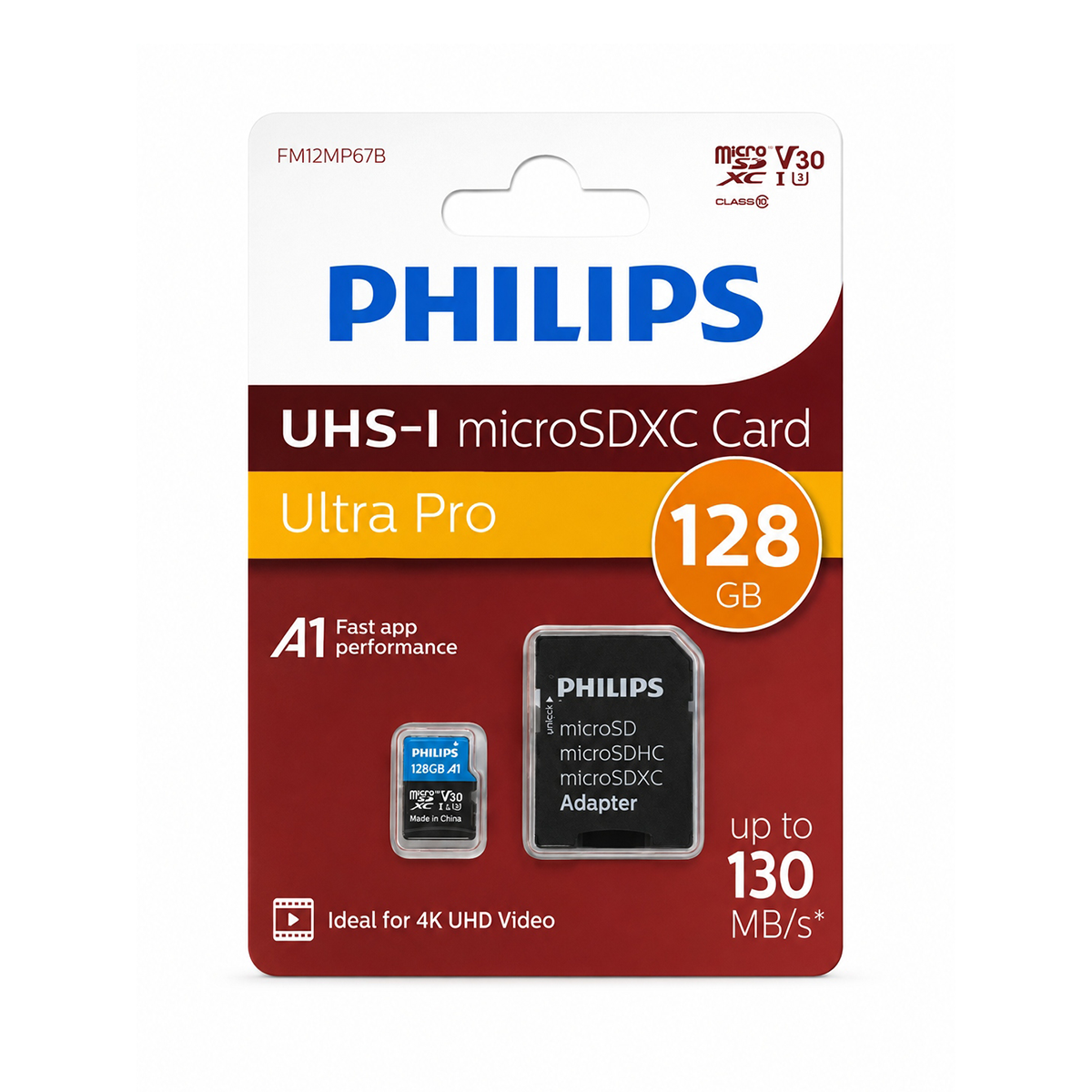 COMPONENTE & PERIFERICE - Card Philips Ultra Pro microSDXC 128GB + Adaptor SD UHS-I U3, reads up to 130MB/s, A, V30, 4K UHD Video