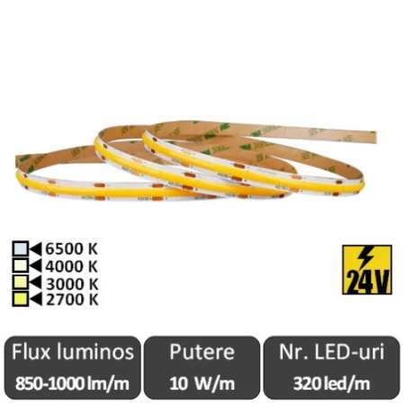 Benzi flexibile cu LED - Bandă LED flexibilă COB 10W/m 480led/m CRI90 24V IP20
