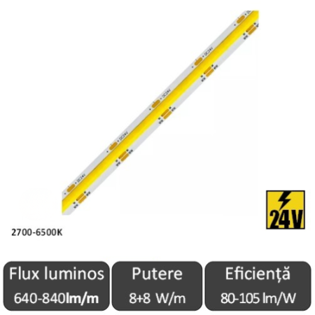 Benzi flexibile cu LED - Bandă LED flexibilă COB CCT 16W/m 608led/m CRI90 24V IP20