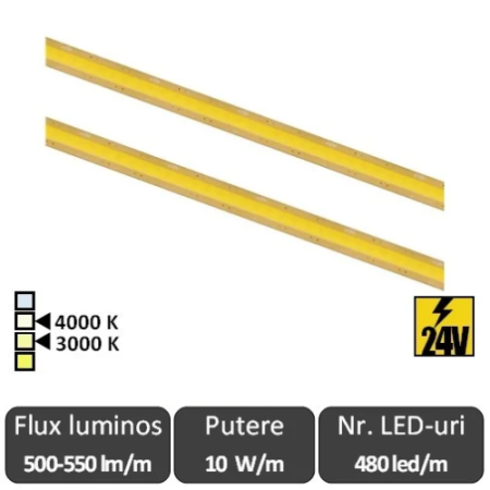 Benzi flexibile cu LED - Bandă LED flexibilă COB FREE-CUT 10W/m 480led/m CRI90 24V
