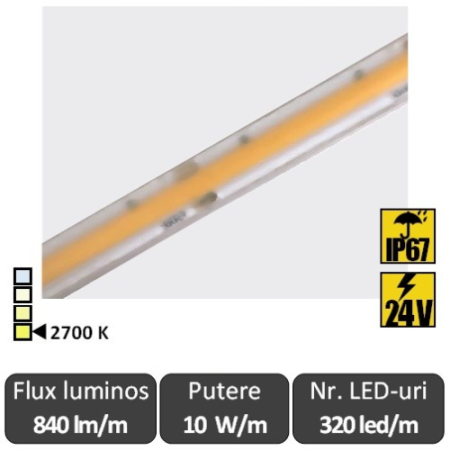 Benzi flexibile cu LED - Bandă LED flexibilă de saună Premium COB 10W/m 320led/m CRI90 24V IP67 rolă 5m