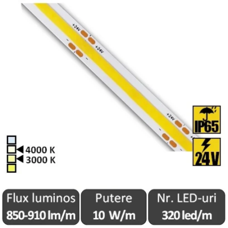 Benzi flexibile cu LED - Bandă LED flexibilă PREMIUM COB 10W/m, 320 LED/m, CRI90, 24V, IP65 – rolă 5m
