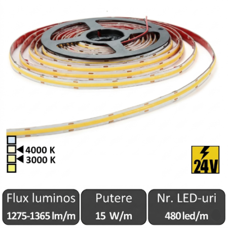 Benzi flexibile cu LED - Bandă LED flexibilă Premium COB 15W/m 480led/m CRI90 24V IP20 rolă 5 m