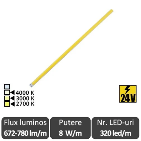 Benzi flexibile cu LED - Bandă LED flexibilă Premium COB SLIM 4mm 8W/m 320led/m CRI90 24V rolă 5m