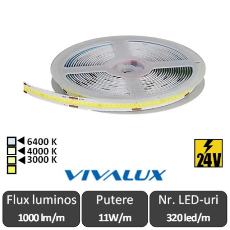 Benzi flexibile cu LED - Bandă Vivalux LED flexibilă COB 11W/m 320led/m 24V rolă 5 m