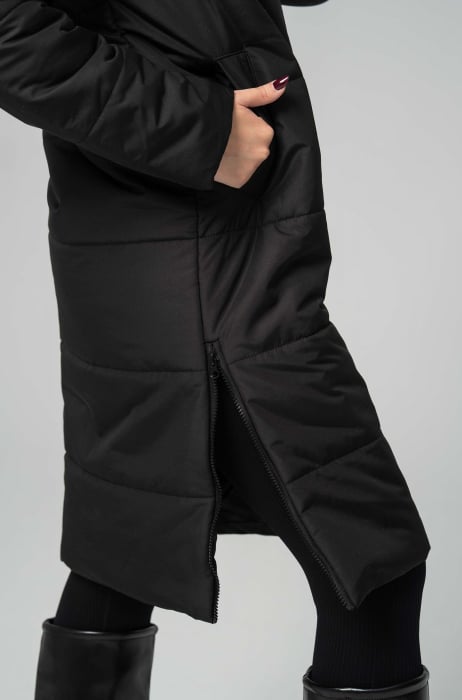 Geacă de dama TORA lungă matlasată , cu glugă și fermoare laterale,neagra [4]