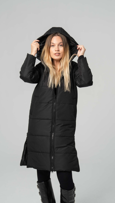 Geacă de dama TORA lungă matlasată , cu glugă și fermoare laterale,neagra [1]