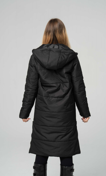 Geacă de dama TORA lungă matlasată , cu glugă și fermoare laterale,neagra [3]