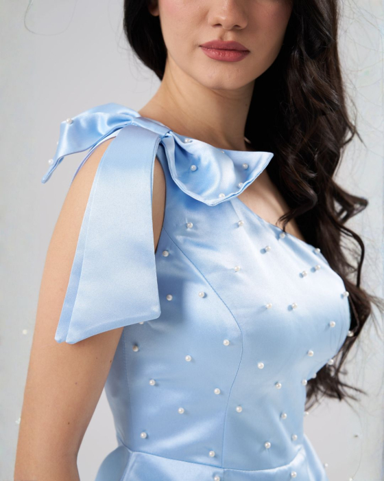 Rochie scurta ANDREEA bleu,eleganta ,pe un umar ,cu aplicatii tip perle si funda decorativa [10]