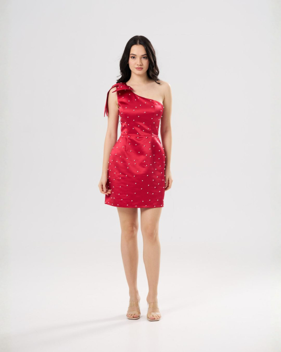 Rochie scurta ANDREEA rosu,eleganta ,pe un umar ,cu aplicatii tip perle si funda decorativa [2]