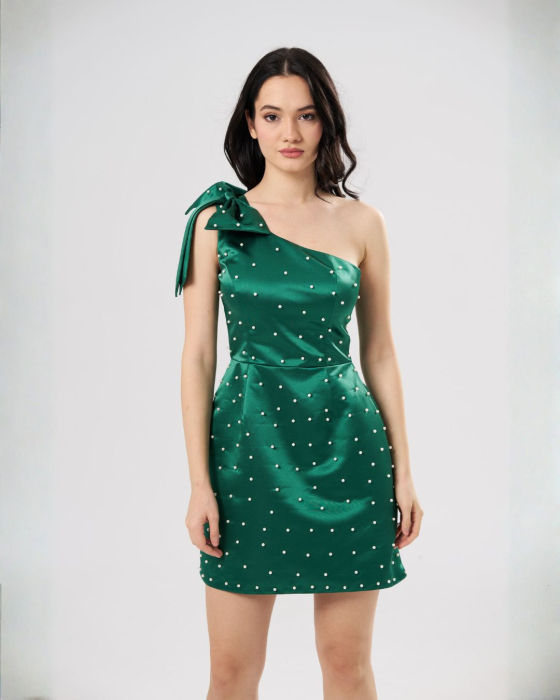 Rochie scurta ANDREEA verde,eleganta ,pe un umar ,cu aplicatii tip perle si funda decorativa [4]