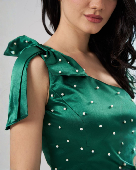 Rochie scurta ANDREEA verde,eleganta ,pe un umar ,cu aplicatii tip perle si funda decorativa [5]