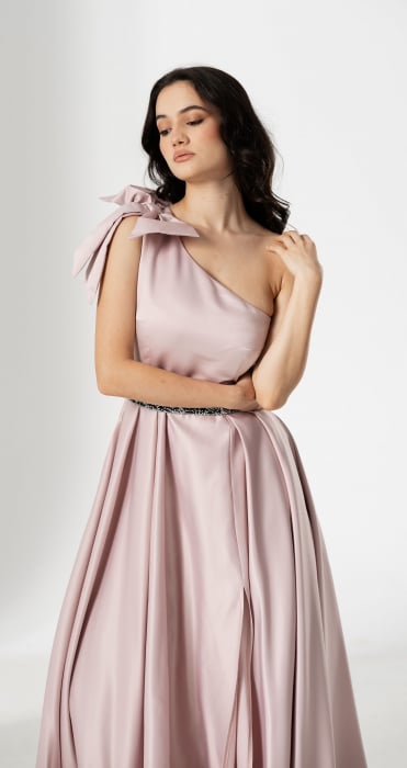 Rochie lunga AURA, din tafta cu funda pe umar [1]