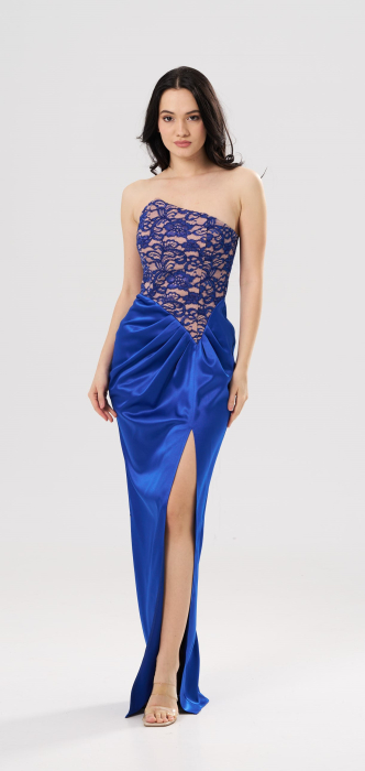 Rochie lungă elegantă CAMI cu bust din dantelă tip corset și șliț frontal,albastra [2]