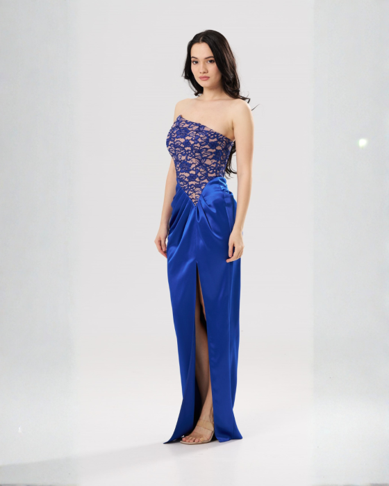 Rochie lungă elegantă CAMI cu bust din dantelă tip corset și șliț frontal,albastra [2]