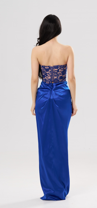 Rochie lungă elegantă CAMI cu bust din dantelă tip corset și șliț frontal,albastra [4]
