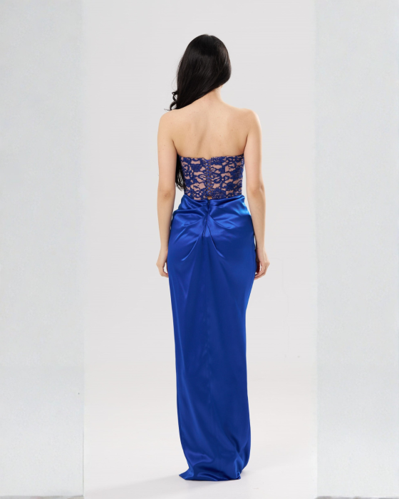 Rochie lungă elegantă CAMI cu bust din dantelă tip corset și șliț frontal,albastra [4]