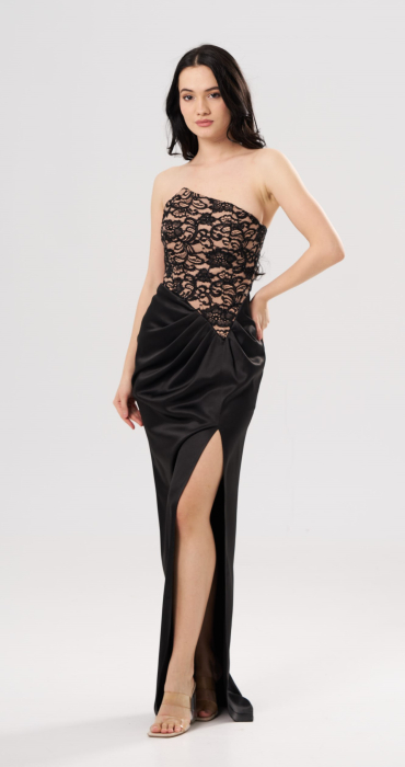 Rochie lungă elegantă CAMI cu bust din dantelă tip corset și șliț frontal,neagra [2]