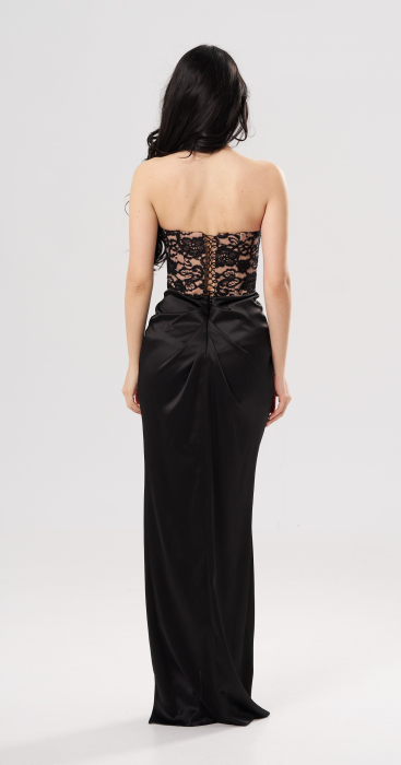 Rochie lungă elegantă CAMI cu bust din dantelă tip corset și șliț frontal,neagra [3]