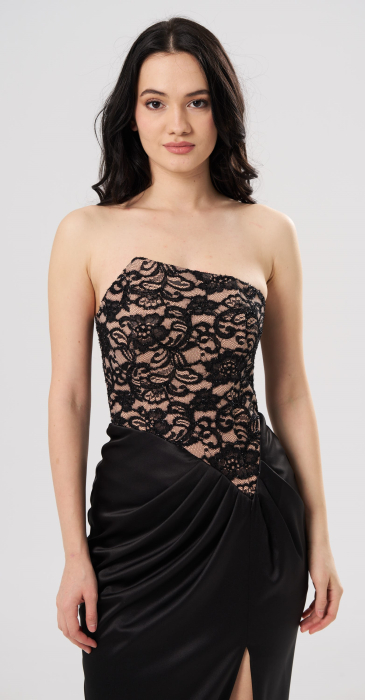 Rochie lungă elegantă CAMI cu bust din dantelă tip corset și șliț frontal,neagra [5]