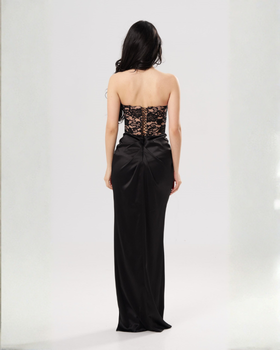 Rochie lungă elegantă CAMI cu bust din dantelă tip corset și șliț frontal,neagra [3]