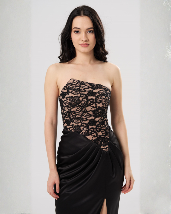 Rochie lungă elegantă CAMI cu bust din dantelă tip corset și șliț frontal,neagra [5]