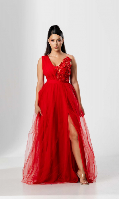 Rochie lunga FLORI, din tulle, cu aplicatii florale 3D pe bust [1]
