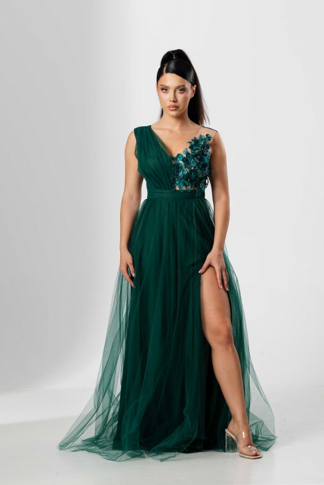 Rochie lunga FLORI, din tulle, cu aplicatii florale 3D pe bust [1]