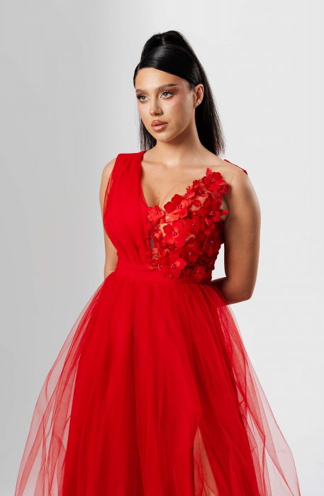 Rochie lunga FLORI, din tulle, cu aplicatii florale 3D pe bust [4]