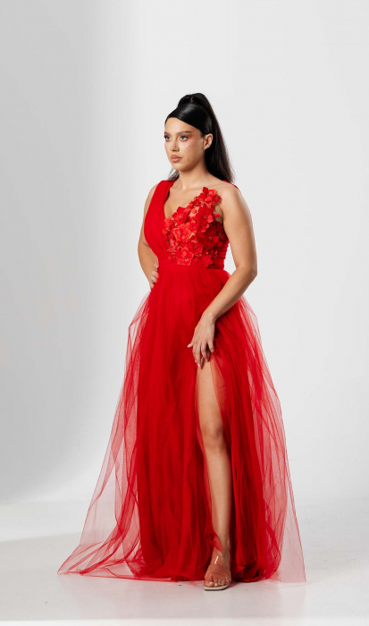 Rochie lunga FLORI, din tulle, cu aplicatii florale 3D pe bust [2]