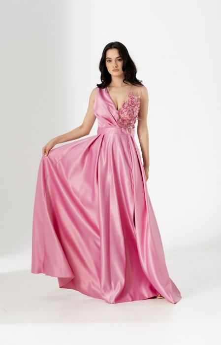 Rochie lunga TORA, din tafta, cu flori 3D aplicate [2]