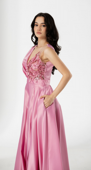 Rochie lunga TORA, din tafta, cu flori 3D aplicate [3]