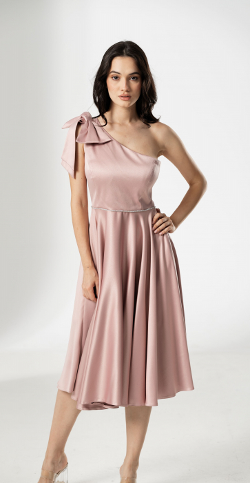 Rochie midi, AMARA, cu funda pe umar si accesoriu lucios in talie [4]