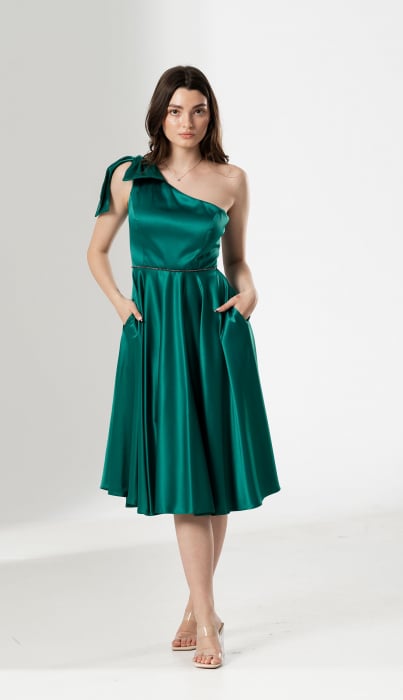 Rochie midi, AMARA, pe un umăr, cu funda , croială cloș si talie accesorizata [1]