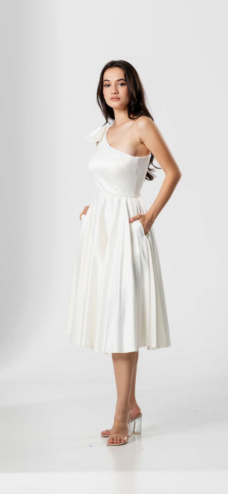 Rochie midi, AMARA, pe un umăr, cu funda , croială cloș si talie accesorizata [2]