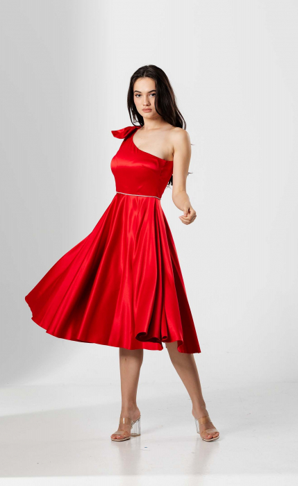 Rochie midi, AMARA, pe un umăr, cu funda , croială cloș si talie accesorizata [3]