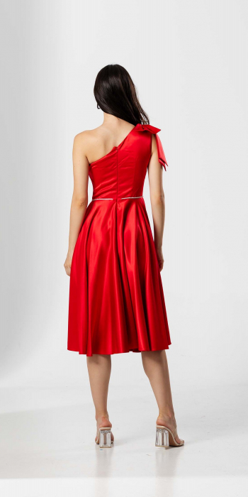 Rochie midi, AMARA, pe un umăr, cu funda , croială cloș si talie accesorizata [2]