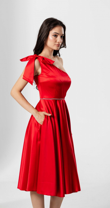 Rochie midi, AMARA, pe un umăr, cu funda , croială cloș si talie accesorizata [4]