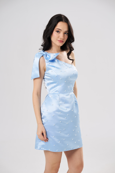 Rochie scurta ANDREEA bleu,eleganta ,pe un umar ,cu aplicatii tip perle si funda decorativa [4]