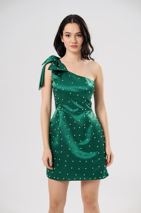 Rochie scurta ANDREEA verde,eleganta ,pe un umar ,cu aplicatii tip perle si funda decorativa [4]