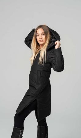 Geacă de dama TORA lungă matlasată , cu glugă și fermoare laterale,neagra [1]